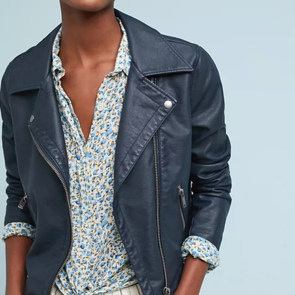 ANTHROPOLOGIE VEGAN LEATHER BLUE MOTO JACKET SIZE SMALL - Picture 2 of 11